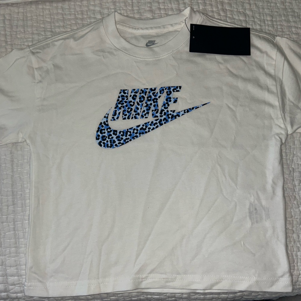 Nike White Tee with Blue Leopard Print